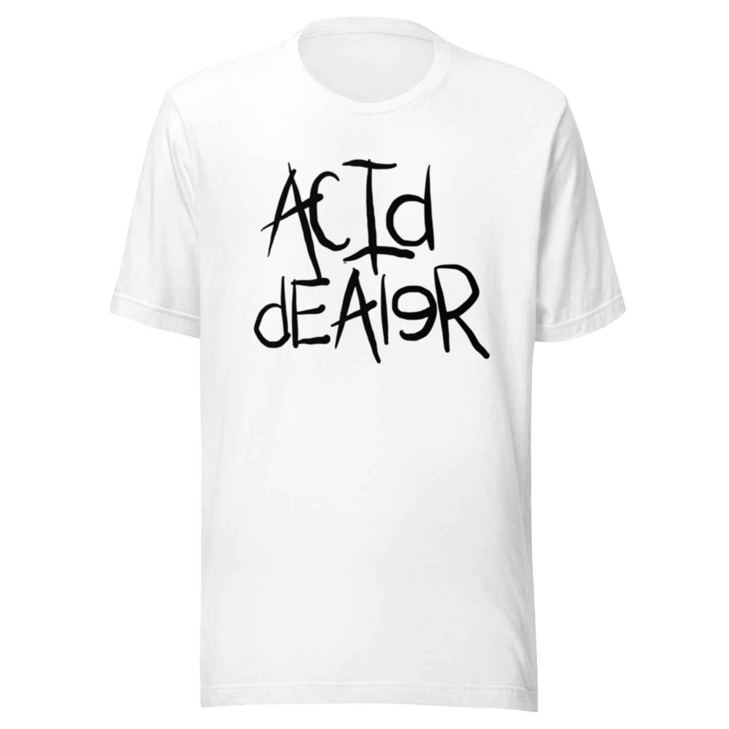 ACID DEALER logo T Shirt BLACK LOGO ON WHITE or GRAY