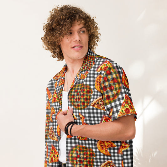 Pizza Pie & Slices Black Table Cloth - Lightweight Button Up Casual Dress Shirt