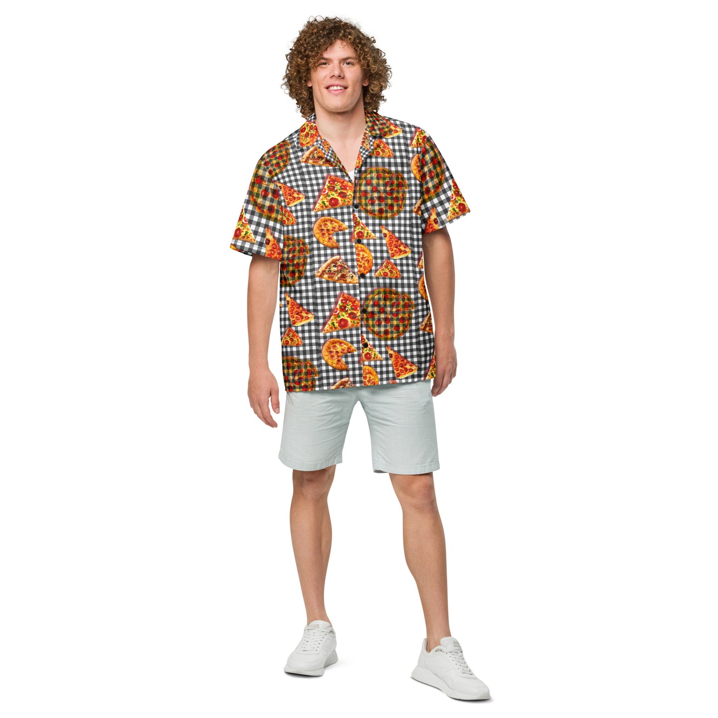 Pizza Pie & Slices Black Table Cloth - Lightweight Button Up Casual Dress Shirt