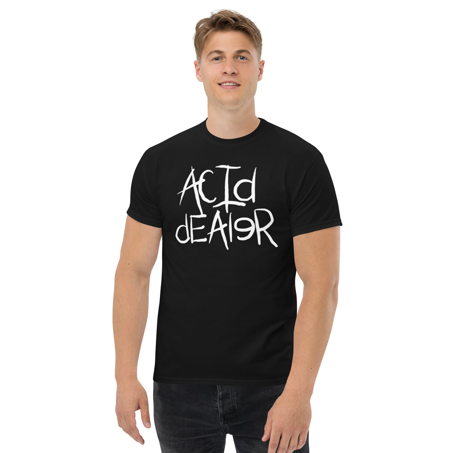 ACID DEALER T Shirt WHITE LOGO ON BLACK