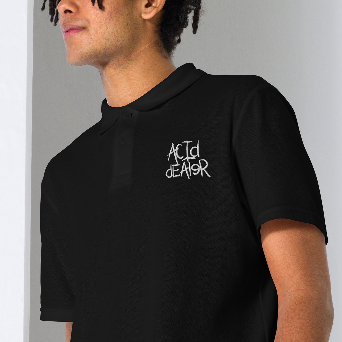 ACID DEALER - Black Polo golf shirt with white embroidered logo